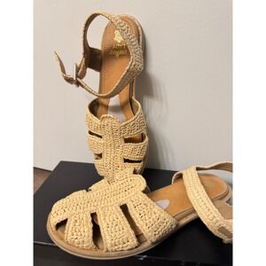 Freda Salvador Woven Raffia Cage Sandals Beige Ankle Strap Flat Shoes Womens 9